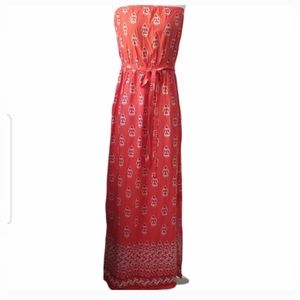 Boho Maxi Dress Floral Print Tie Belt with Side Slit Strapless Summer Dr…
